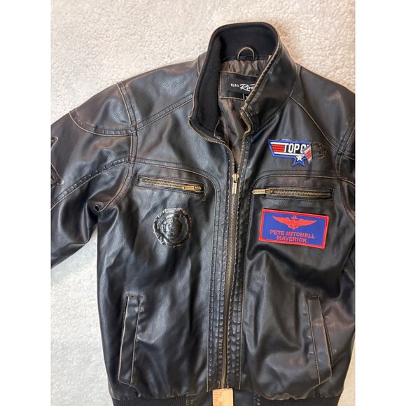 Top Gun Bomber Jacket Pete Mitchell Maverick Patches Black Rivet XL Mens Faux Le - Picture 1 of 11